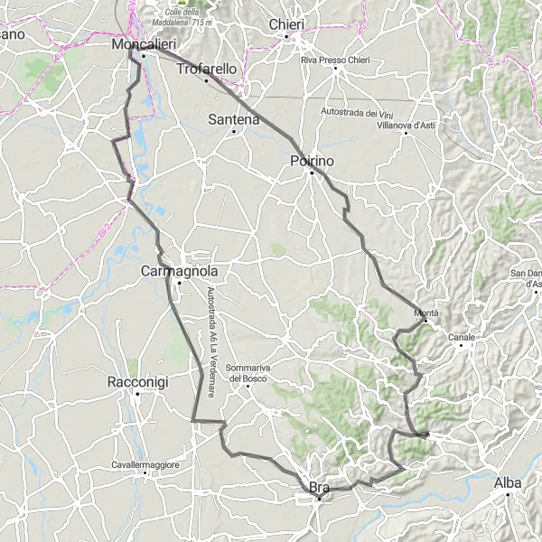 Miniatua del mapa de inspiración ciclista "Ruta de ciclismo de montaña cerca de Monticello d'Alba" en Piemonte, Italy. Generado por Tarmacs.app planificador de rutas ciclistas