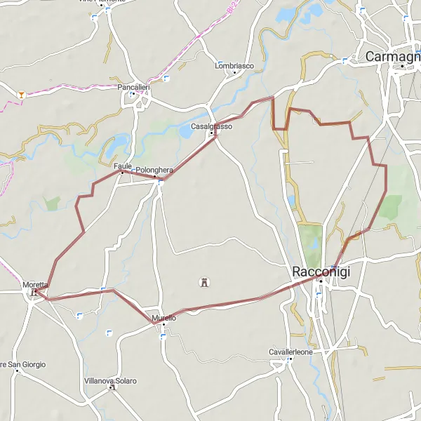 Miniatura della mappa di ispirazione al ciclismo "Gravel tra Racconigi e Polonghera" nella regione di Piemonte, Italy. Generata da Tarmacs.app, pianificatore di rotte ciclistiche