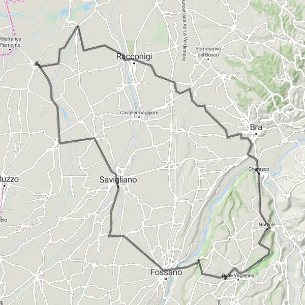 Kartminiatyr av "Rundtur till Savigliano via Cherasco Cykelväg (Vägcykel)" cykelinspiration i Piemonte, Italy. Genererad av Tarmacs.app cykelruttplanerare