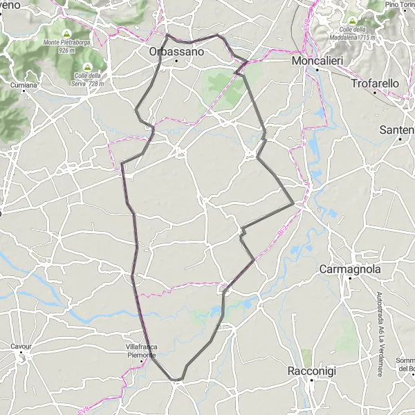 Mapa miniatúra "Okruhová cyklistická trasa cez Vigone, Orbassano a ďalšie" cyklistická inšpirácia v Piemonte, Italy. Vygenerované cyklistickým plánovačom trás Tarmacs.app