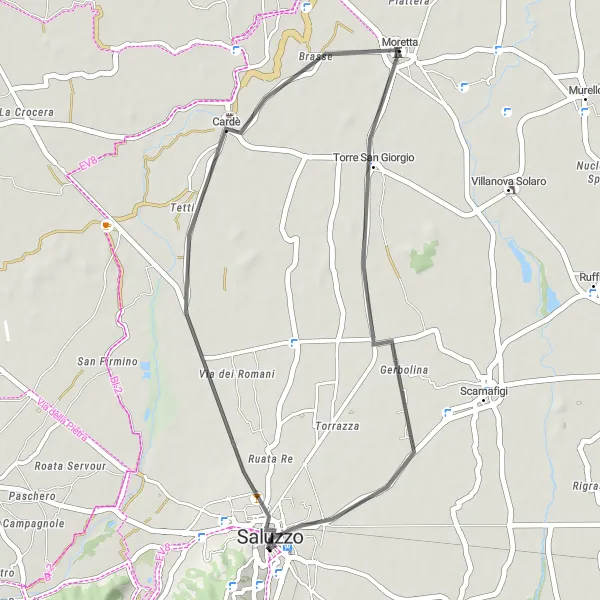 Miniatura della mappa di ispirazione al ciclismo "Road tra Moretta e Castello di Moretta" nella regione di Piemonte, Italy. Generata da Tarmacs.app, pianificatore di rotte ciclistiche