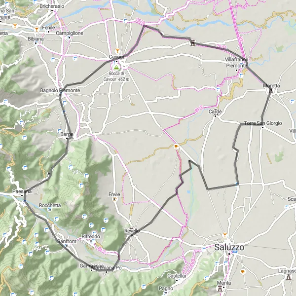 Miniatura della mappa di ispirazione al ciclismo "Giro in bicicletta da Moretta a Sanfront e Cavour" nella regione di Piemonte, Italy. Generata da Tarmacs.app, pianificatore di rotte ciclistiche