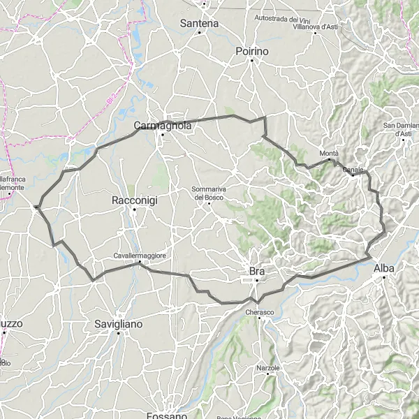 Kartminiatyr av "Moretta - Villanova Solaro Loop" cykelinspiration i Piemonte, Italy. Genererad av Tarmacs.app cykelruttplanerare