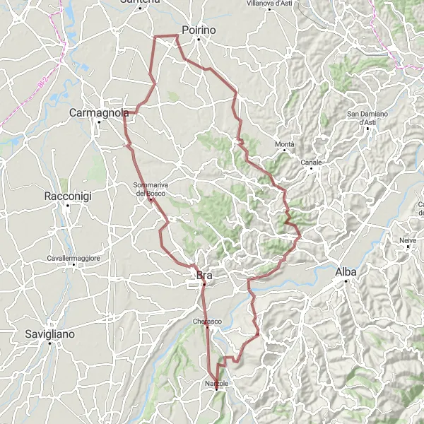Miniatura della mappa di ispirazione al ciclismo "Escursione in bicicletta gravel tra Bra e Santo Stefano Roero" nella regione di Piemonte, Italy. Generata da Tarmacs.app, pianificatore di rotte ciclistiche