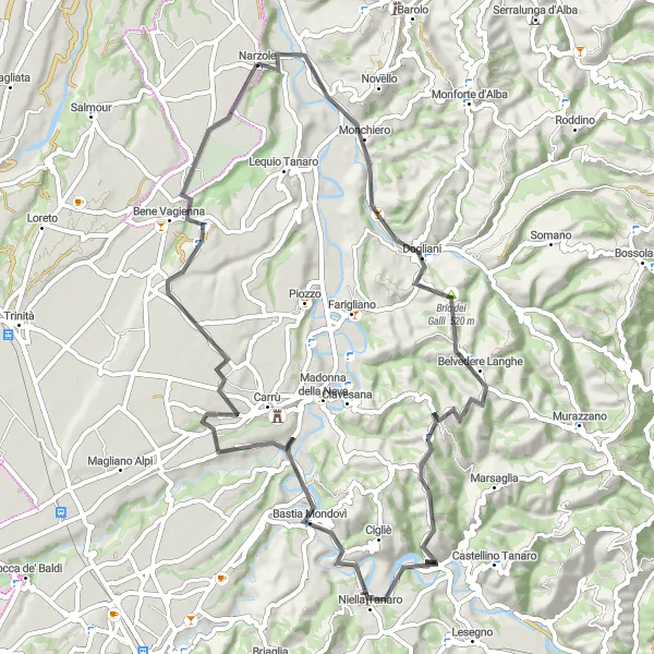 Kartminiatyr av "Monchiero til Bene Vagienna tur-retur" sykkelinspirasjon i Piemonte, Italy. Generert av Tarmacs.app sykkelrutoplanlegger