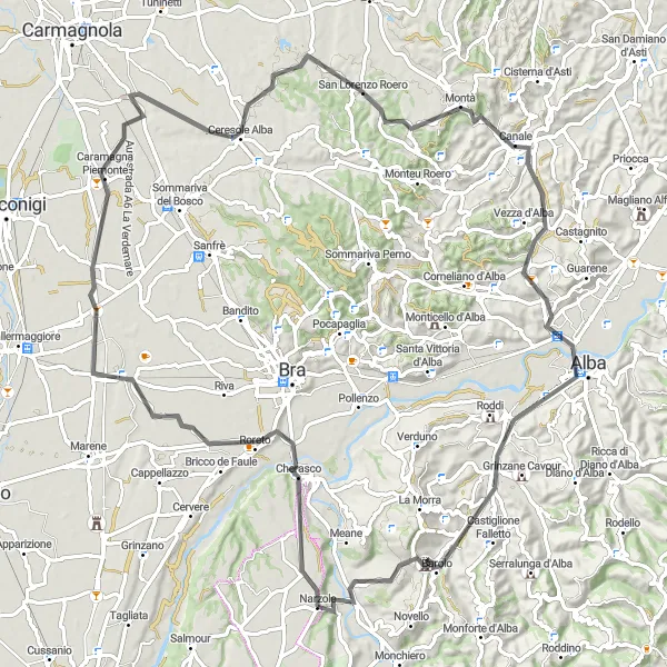 Miniaturní mapa "Kolo kolem Roreto a Barolo" inspirace pro cyklisty v oblasti Piemonte, Italy. Vytvořeno pomocí plánovače tras Tarmacs.app