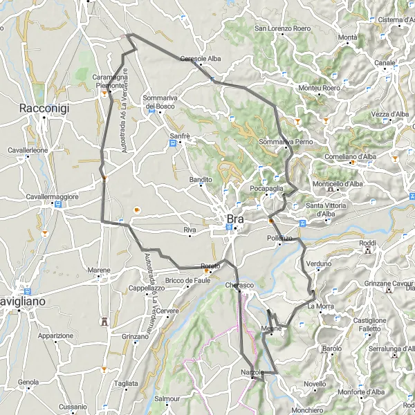 Miniaturní mapa "Cyklotrasa skrz Roreto a Pollenzo" inspirace pro cyklisty v oblasti Piemonte, Italy. Vytvořeno pomocí plánovače tras Tarmacs.app
