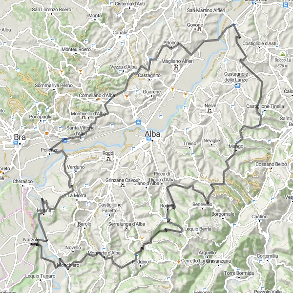 Map miniature of "Pollenzo to Monchiero Road Loop" cycling inspiration in Piemonte, Italy. Generated by Tarmacs.app cycling route planner