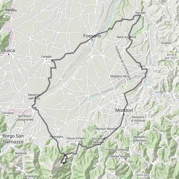 Miniaturní mapa "Piemonte - Cyklotrasa od Narzole" inspirace pro cyklisty v oblasti Piemonte, Italy. Vytvořeno pomocí plánovače tras Tarmacs.app