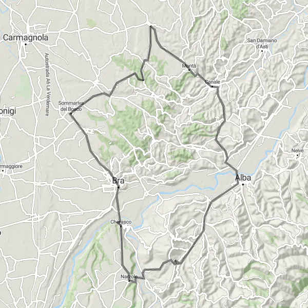 Map miniature of "Alba and Beyond" cycling inspiration in Piemonte, Italy. Generated by Tarmacs.app cycling route planner