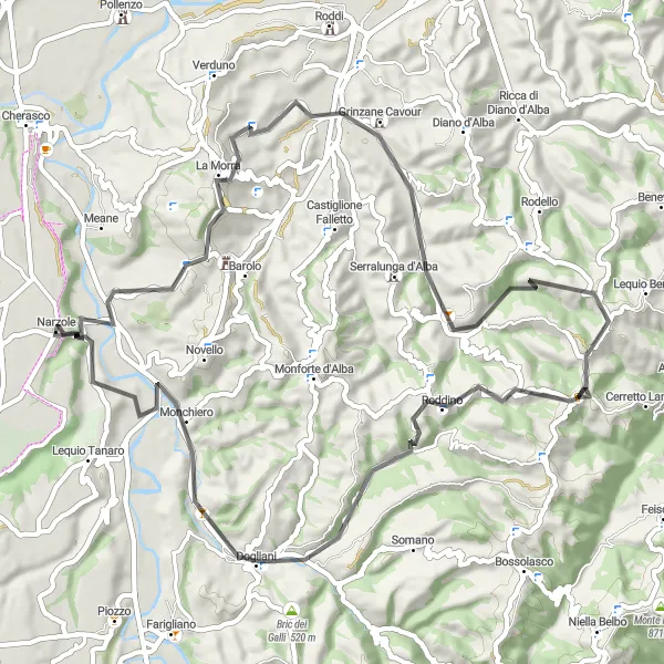Miniaturní mapa "Okruh kolem Narzole a La Morra" inspirace pro cyklisty v oblasti Piemonte, Italy. Vytvořeno pomocí plánovače tras Tarmacs.app