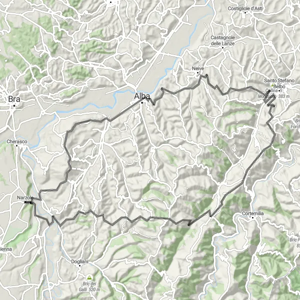 Mapa miniatúra "Okružná cyklistická trasa cez La Morra, Albu a Neive" cyklistická inšpirácia v Piemonte, Italy. Vygenerované cyklistickým plánovačom trás Tarmacs.app