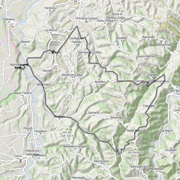 Karttaminiaatyyri "Barolo to Monchiero Road Cycling Loop" pyöräilyinspiraatiosta alueella Piemonte, Italy. Luotu Tarmacs.app pyöräilyreittisuunnittelijalla