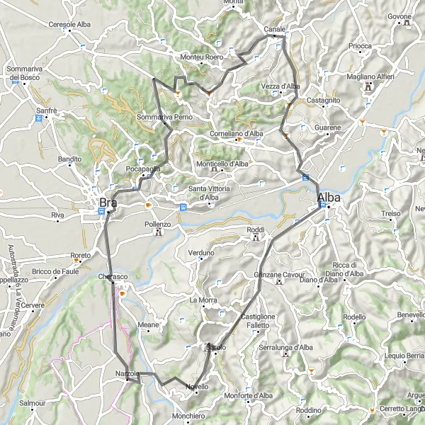 Mapa miniatúra "Cyklistická trasa s cestnými bicyklami z Narzole (Piemonte, Taliansko)" cyklistická inšpirácia v Piemonte, Italy. Vygenerované cyklistickým plánovačom trás Tarmacs.app