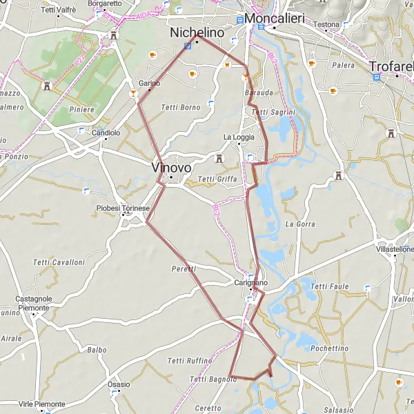 Mapa miniatúra "Gravel Cycling Route to Carignano" cyklistická inšpirácia v Piemonte, Italy. Vygenerované cyklistickým plánovačom trás Tarmacs.app