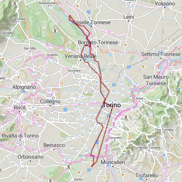 Mapa miniatúra "Gravel okruh cez Madonna di Campagna a Mole Antonelliana" cyklistická inšpirácia v Piemonte, Italy. Vygenerované cyklistickým plánovačom trás Tarmacs.app