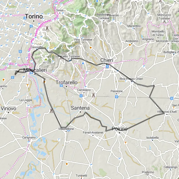 Miniatua del mapa de inspiración ciclista "Ruta de Carretera hacia Villanova d'Asti" en Piemonte, Italy. Generado por Tarmacs.app planificador de rutas ciclistas