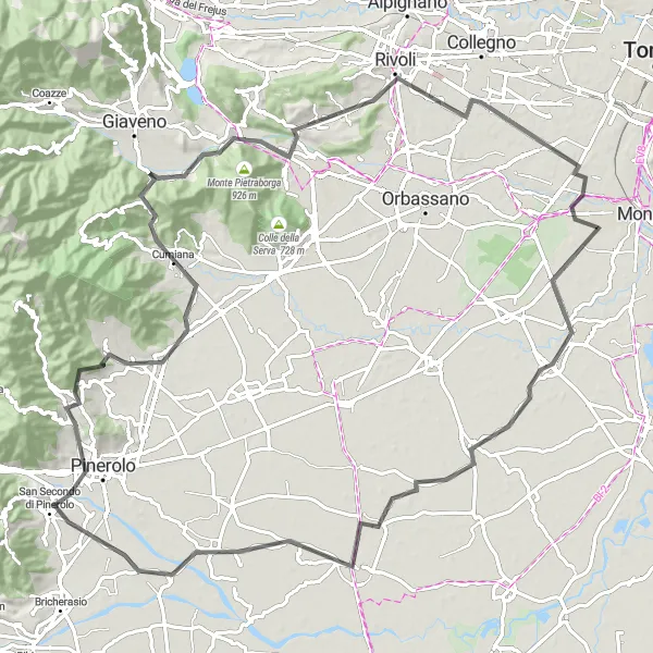 Map miniature of "Southern Piedmont Discovery" cycling inspiration in Piemonte, Italy. Generated by Tarmacs.app cycling route planner