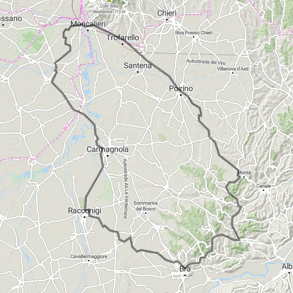 Miniatua del mapa de inspiración ciclista "Ruta de Carretera hacia Bra" en Piemonte, Italy. Generado por Tarmacs.app planificador de rutas ciclistas