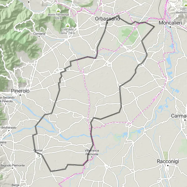 Map miniature of "Vinovo - Stupinigi Road Loop" cycling inspiration in Piemonte, Italy. Generated by Tarmacs.app cycling route planner