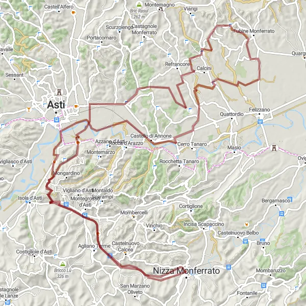 Miniature de la carte de l'inspiration cycliste "Circuit gravel à travers les vignobles" dans la Piemonte, Italy. Générée par le planificateur d'itinéraire cycliste Tarmacs.app