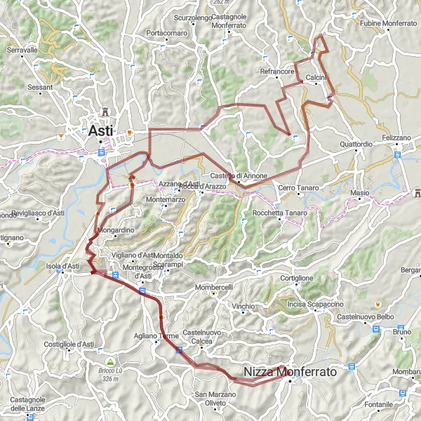 Miniatura della mappa di ispirazione al ciclismo "Giro dei Castelli del Monferrato" nella regione di Piemonte, Italy. Generata da Tarmacs.app, pianificatore di rotte ciclistiche