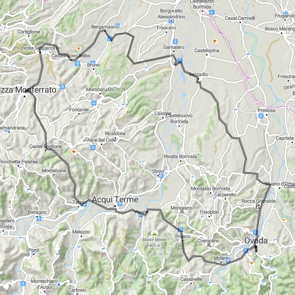 Zemljevid v pomanjšavi "Razgibana kolesarska pot skozi Monferrato" kolesarske inspiracije v Piemonte, Italy. Generirano z načrtovalcem kolesarskih poti Tarmacs.app