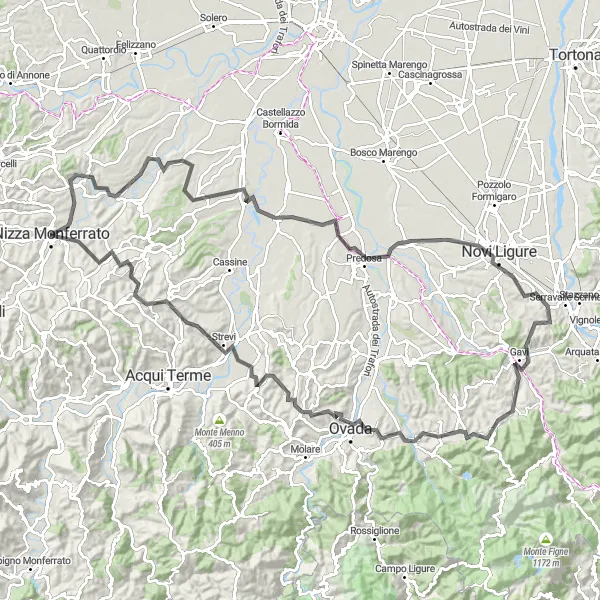 Miniaturní mapa "Výzva kolem Nizzy Monferrato" inspirace pro cyklisty v oblasti Piemonte, Italy. Vytvořeno pomocí plánovače tras Tarmacs.app