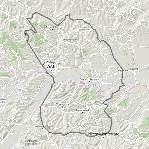 Kartminiatyr av "Nizza Monferrato til Quattordio Road Cycling" sykkelinspirasjon i Piemonte, Italy. Generert av Tarmacs.app sykkelrutoplanlegger
