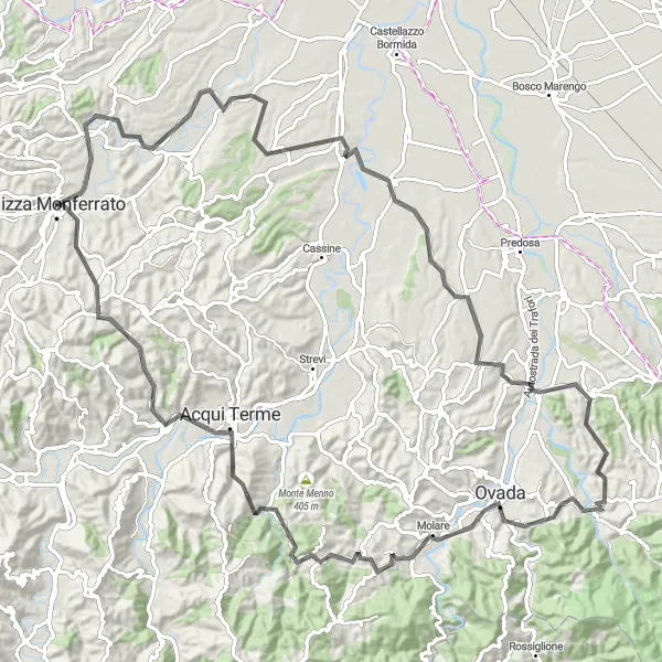Karttaminiaatyyri "Challenging hills of Monferrato" pyöräilyinspiraatiosta alueella Piemonte, Italy. Luotu Tarmacs.app pyöräilyreittisuunnittelijalla