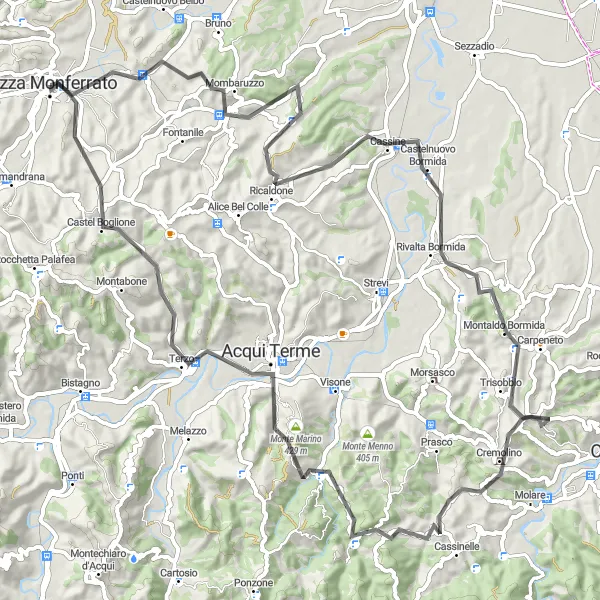 Miniaturní mapa "Okruh kolem Nizza Monferrato přes Cassine a Acqui Terme" inspirace pro cyklisty v oblasti Piemonte, Italy. Vytvořeno pomocí plánovače tras Tarmacs.app