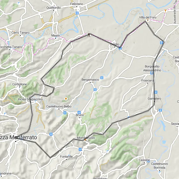 Zemljevid v pomanjšavi "Poznajte čare Monferrata na 56 km dolgi kolesarski poti" kolesarske inspiracije v Piemonte, Italy. Generirano z načrtovalcem kolesarskih poti Tarmacs.app