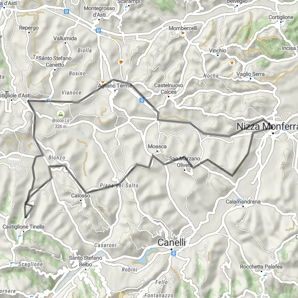 Kartminiatyr av "Breathtaking Road Cycling around Nizza Monferrato" sykkelinspirasjon i Piemonte, Italy. Generert av Tarmacs.app sykkelrutoplanlegger