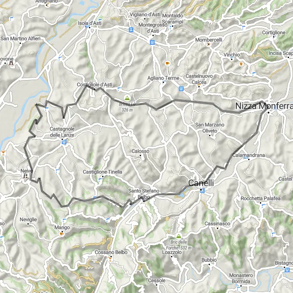 Miniatuurkaart van de fietsinspiratie "Piemonte Wine Country Loop" in Piemonte, Italy. Gemaakt door de Tarmacs.app fietsrouteplanner
