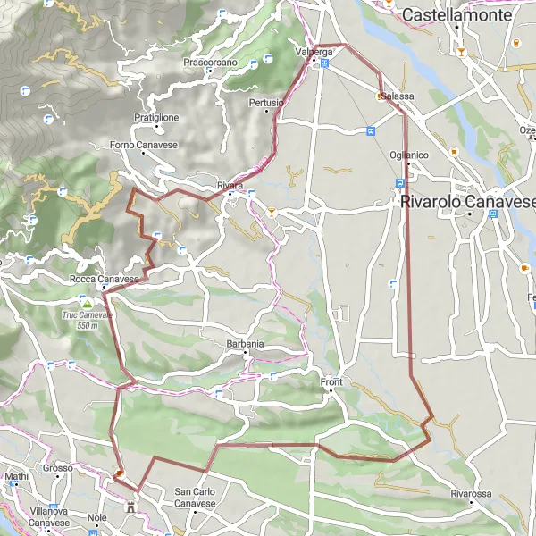 Miniaturekort af cykelinspirationen "Grusvej cykelrute til Ceretti di Front" i Piemonte, Italy. Genereret af Tarmacs.app cykelruteplanlægger