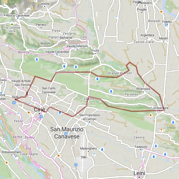 Miniatura della mappa di ispirazione al ciclismo "Giro Gravel corto nelle Campagne intorno a Nole" nella regione di Piemonte, Italy. Generata da Tarmacs.app, pianificatore di rotte ciclistiche
