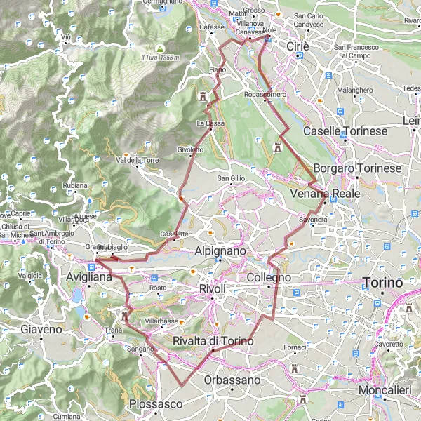 Kartminiatyr av "Grusvägsäventyr till Venaria Reale och Monte Calvo" cykelinspiration i Piemonte, Italy. Genererad av Tarmacs.app cykelruttplanerare