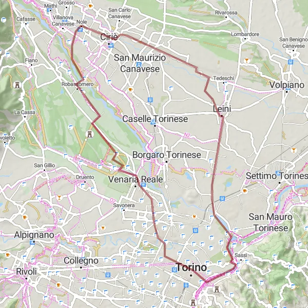 Miniatura della mappa di ispirazione al ciclismo "Giro in Gravel da Nole a Torino" nella regione di Piemonte, Italy. Generata da Tarmacs.app, pianificatore di rotte ciclistiche