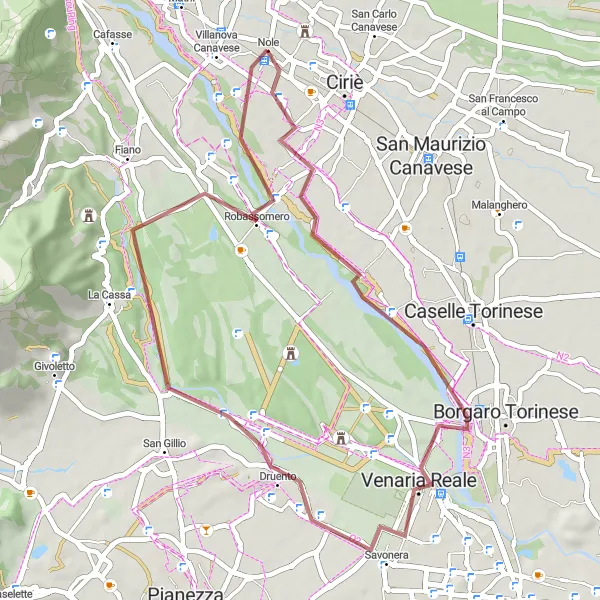 Miniatua del mapa de inspiración ciclista "Ruta de grava a Nole" en Piemonte, Italy. Generado por Tarmacs.app planificador de rutas ciclistas