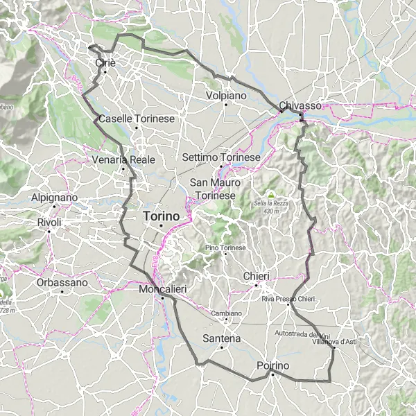 Kartminiatyr av "Utmanande rutt till Venaria Reale och Moncalieri" cykelinspiration i Piemonte, Italy. Genererad av Tarmacs.app cykelruttplanerare