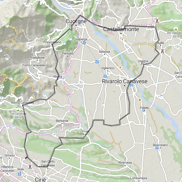 Miniatua del mapa de inspiración ciclista "Ruta de ciclismo por carretera en los alrededores de Nole" en Piemonte, Italy. Generado por Tarmacs.app planificador de rutas ciclistas