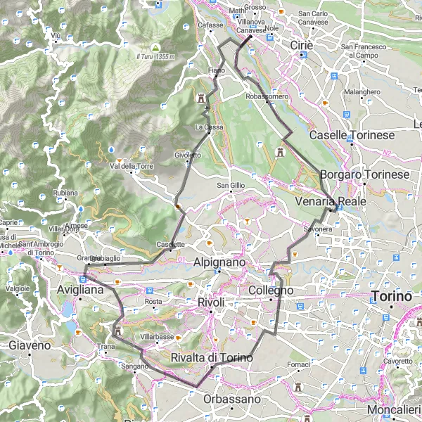 Miniaturekort af cykelinspirationen "Scenic road-cykelrute til Monte Calvo og La Cassa" i Piemonte, Italy. Genereret af Tarmacs.app cykelruteplanlægger