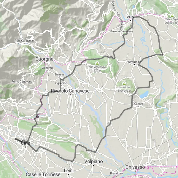 Miniaturní mapa "Vauda Canavese a San Maurizio Canavese" inspirace pro cyklisty v oblasti Piemonte, Italy. Vytvořeno pomocí plánovače tras Tarmacs.app