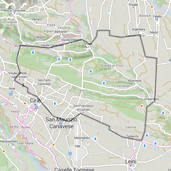Miniatura della mappa di ispirazione al ciclismo "Breve pedalata nel Canavese" nella regione di Piemonte, Italy. Generata da Tarmacs.app, pianificatore di rotte ciclistiche