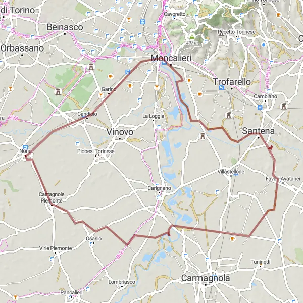 Map miniature of "Candiolo Gravel Loop" cycling inspiration in Piemonte, Italy. Generated by Tarmacs.app cycling route planner