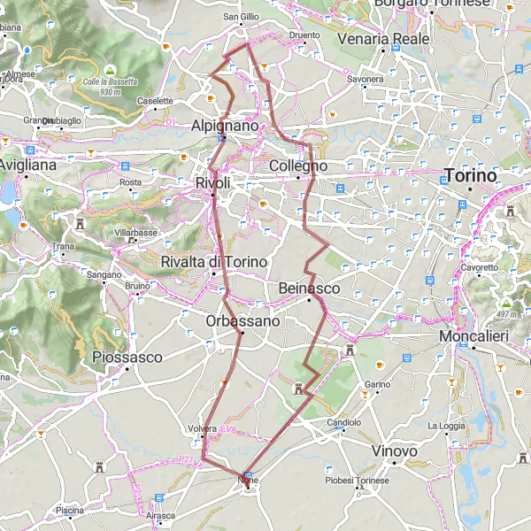 Map miniature of "Beinasco to Volvera Gravel Adventure" cycling inspiration in Piemonte, Italy. Generated by Tarmacs.app cycling route planner