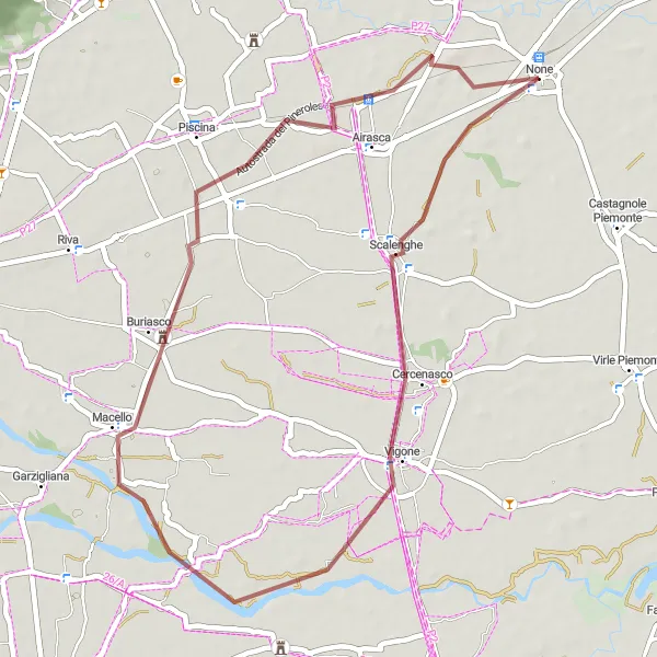Mapa miniatúra "Gravel cycling route around None" cyklistická inšpirácia v Piemonte, Italy. Vygenerované cyklistickým plánovačom trás Tarmacs.app