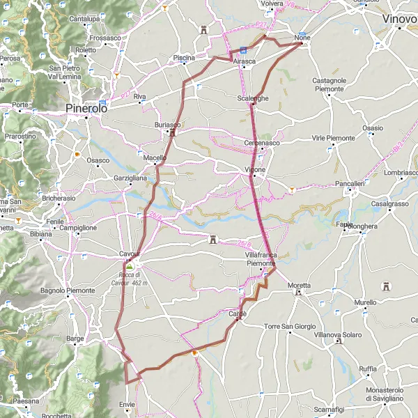 Zemljevid v pomanjšavi "Gravel pot podrobnih gradov v Piemontu" kolesarske inspiracije v Piemonte, Italy. Generirano z načrtovalcem kolesarskih poti Tarmacs.app