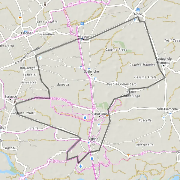 Mapa miniatúra "Rýchla jazda cez vidiecku krajinu" cyklistická inšpirácia v Piemonte, Italy. Vygenerované cyklistickým plánovačom trás Tarmacs.app
