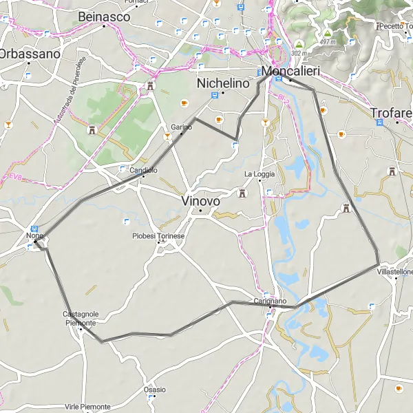 Map miniature of "Candiolo to Carignano Road Ride" cycling inspiration in Piemonte, Italy. Generated by Tarmacs.app cycling route planner